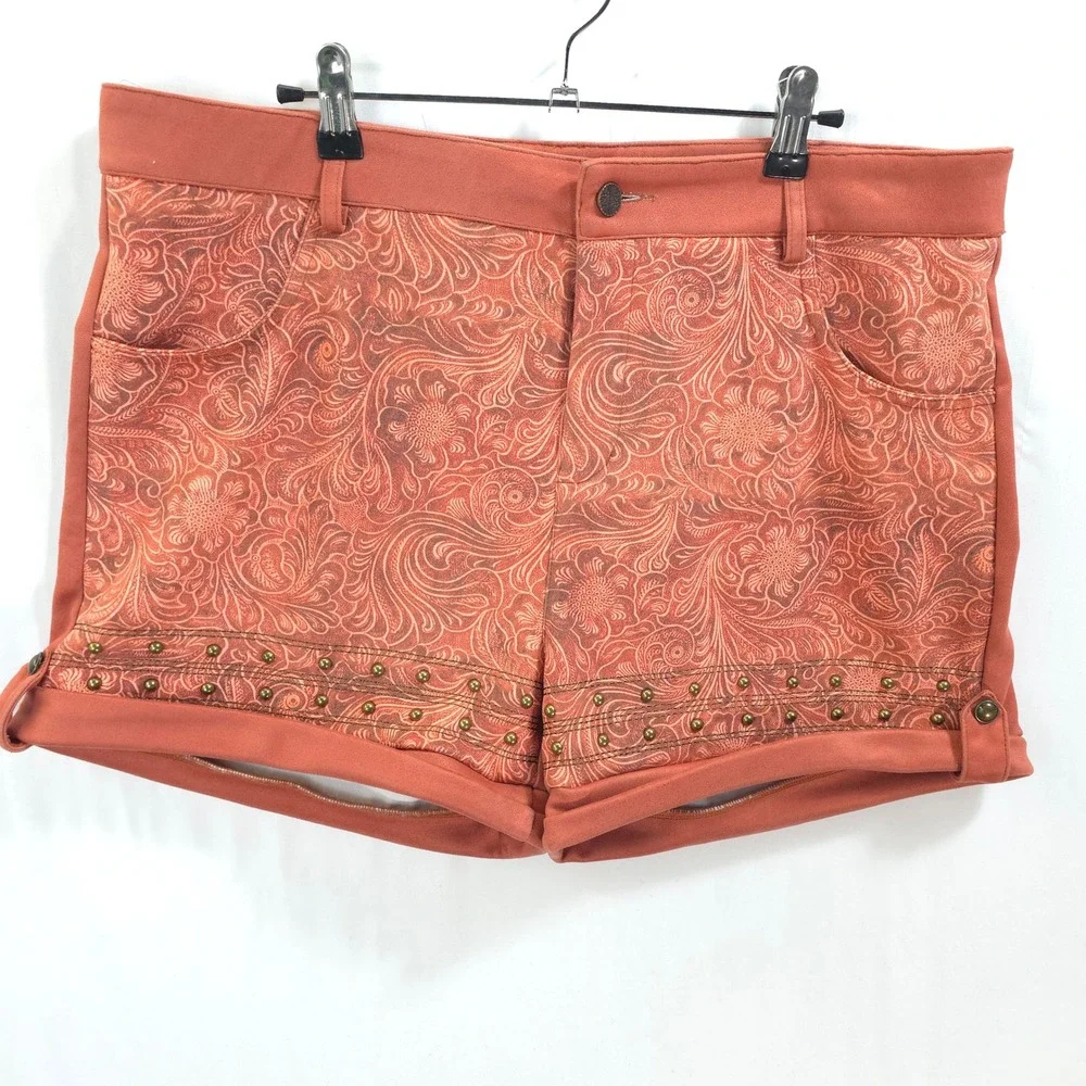 Lucky & Blessed Cuffed Shorts Studded Paisley Terracotta Women 14 Western Boho